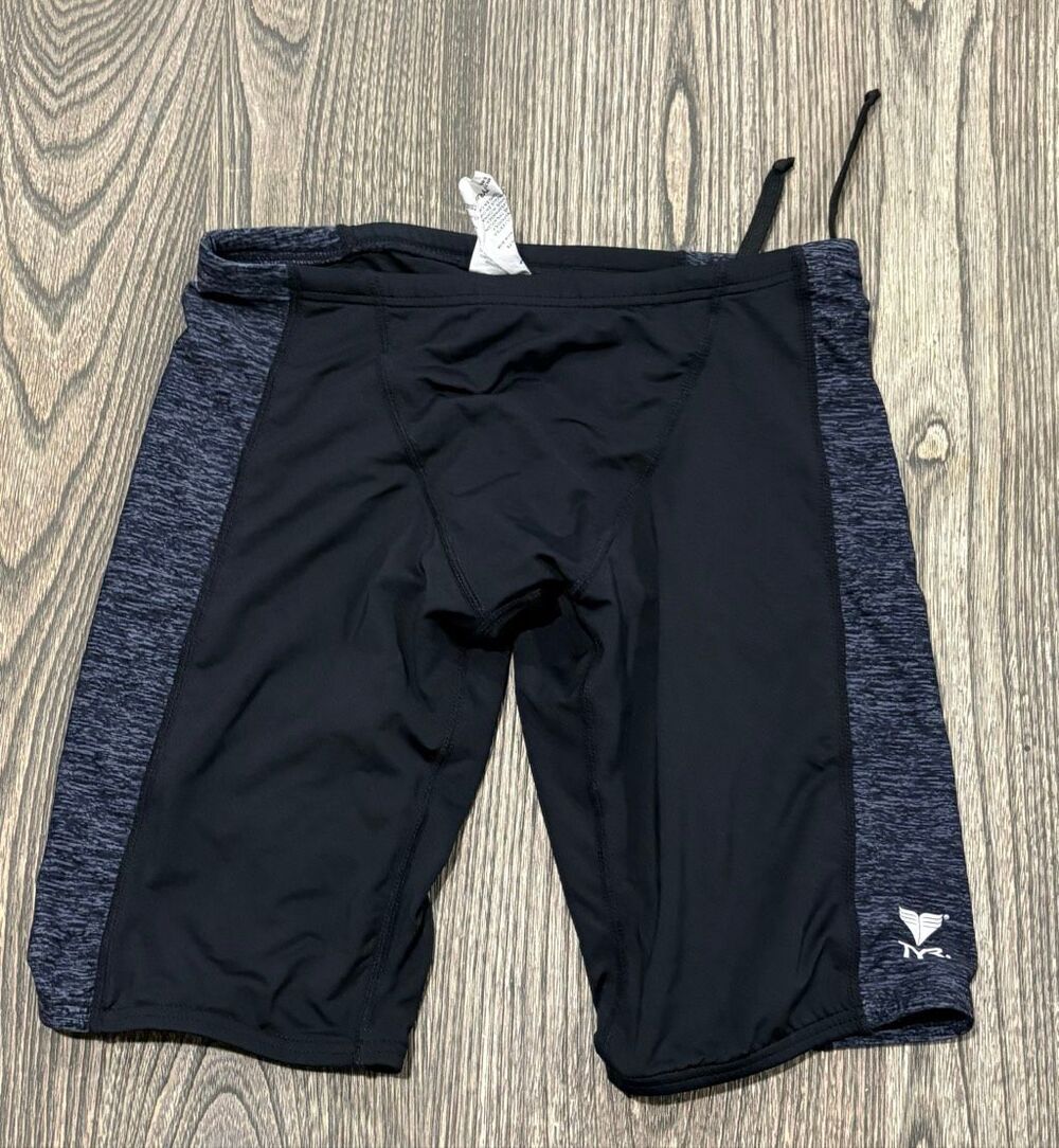 TYR Mens Jammer Swim Trunks Boxer Briefs Side Panels Stretch Black Gray Size 30